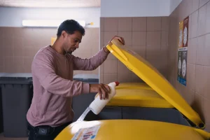 Tri d'un bidon de nettoyant WC dans le bac jaune