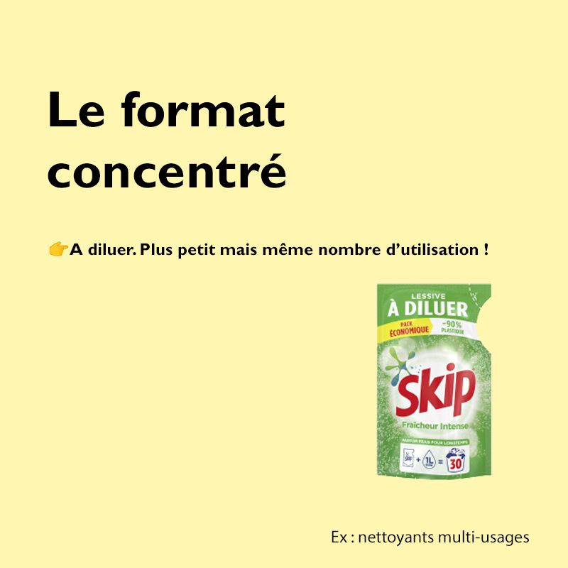 Format concentrÃ© de lessive Ã  diluer, exemple de produit Skip pour nettoyants multi-usages